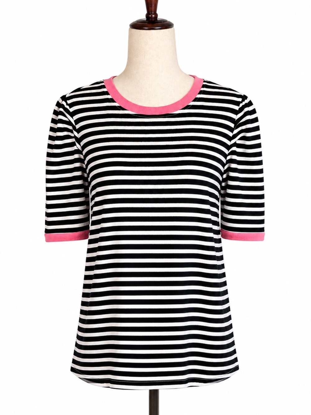 Rebecca Minkoff Black & White Striped Women's Tee with Pink Trim- fits like L